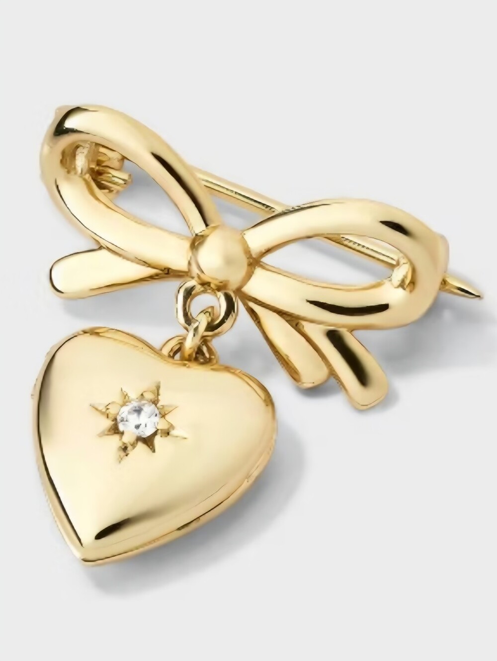 14k Gold Dipped Bow & Heart Locket Mini Brooch Pin CZ Crystal Accent Jewelry